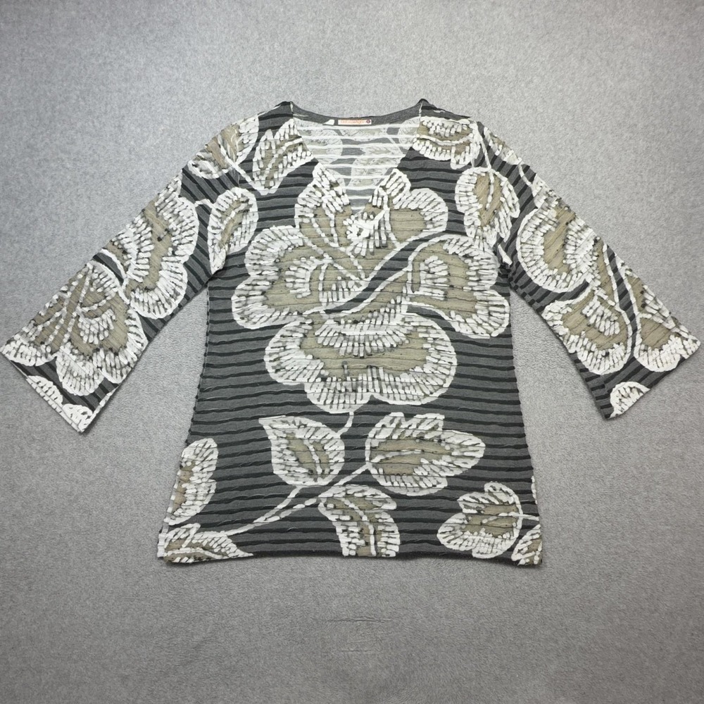 Before and Again Banda Shirt Womens Large Gray Floral 3/4 Sleeve V Neck Tunic